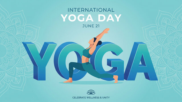 Modern International Yoga Day Poster
International Yoga Day celebration poster, female yogi performing crescent lunge pose integrated with giant 3D "YOGA" typography, turquoise blue background, subtle