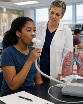 College Student Performing Spirometry Test in Anatomy Lab