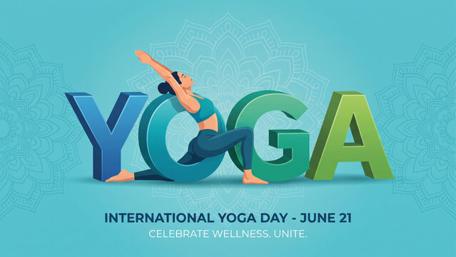 Modern International Yoga Day Poster
International Yoga Day celebration poster, female yogi performing crescent lunge pose integrated with giant 3D "YOGA" typography, turquoise blue background, subtle