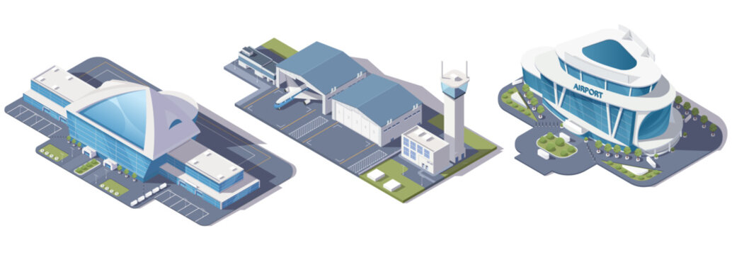 Isometric airport buildings set on white background showing terminals and control tower concept of travel Vector illustration