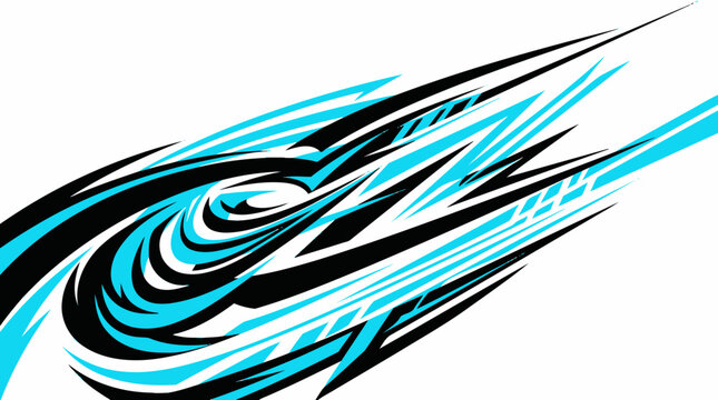 Dynamic blue and black racing car vinyl wrap graphic.