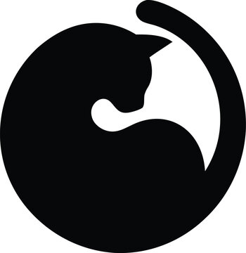 Minimalist circular cat silhouette logo design featuring a stylized feline shape curled into a smooth round emblem isolated on a clean white background