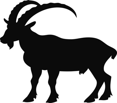 Black silhouette of an alpine ibex standing profile isolated on a white background for minimalist vector graphic design