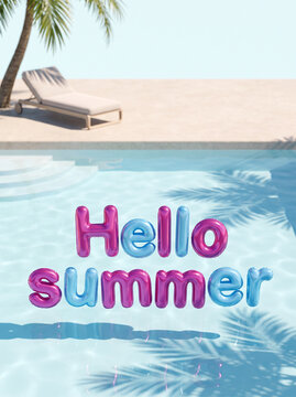Hello summer balloon text floating on swimming pool water