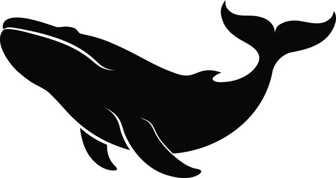 Minimalist black whale silhouette icon isolated on white background for marine life conservation projects and educational graphic design elements