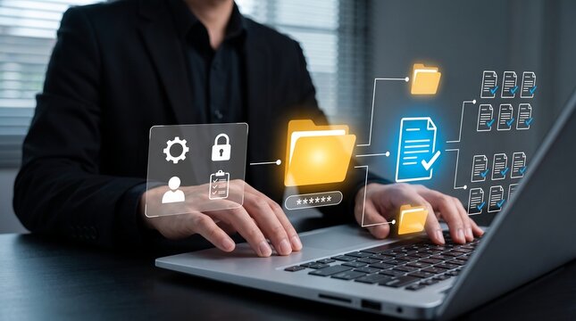 Business professional logging into a secure document management system with password-protected folders, encrypted files, and digital compliance checklists on a laptop

