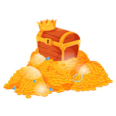 Treasure chest filled with gold coins in cartoon style on white background symbolizing wealth. Vector illustration © GN.STUDIO
