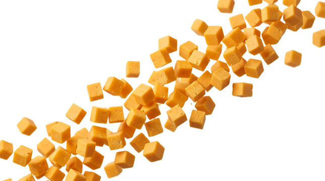Small square pieces of cheddar cheese falling in the air
