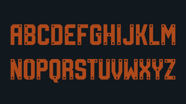 Rusty metal industrial stencil font with rivet details.