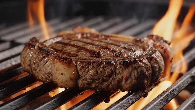 Juicy thick steak sears on a hot grill with bright orange flames rising, showcasing a highly tactile, satisfying texture under dark, cinematic lighting.