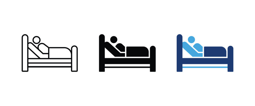 Hospital bed patient, Medical inpatient room icons, Healthcare clinic admission symbols, Hospitalization nursing care elements, Vector illustration