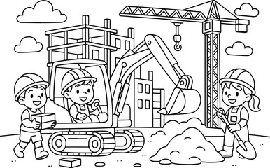 Fototapeta premium Illustration vectorielle dessinée à la main, style gribouillage, d'un chantier de construction détaillé à colorier pour enfants