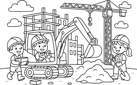 Illustration vectorielle dessin&eacute;e &agrave; la main, style gribouillage, d'un chantier de construction d&eacute;taill&eacute; &agrave; colorier pour enfants