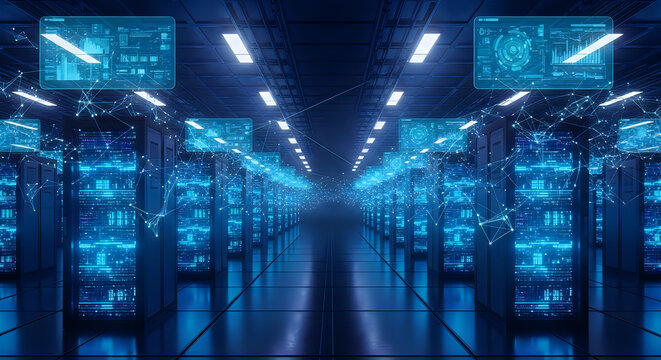 Futuristic data center interior with glowing servers and network connections high tech infrastructure