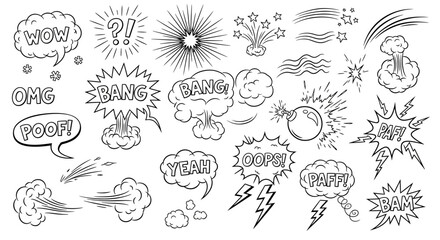 Comic book explosion effects, speech bubbles, and sound effects, black and white vector graphics set © Uno