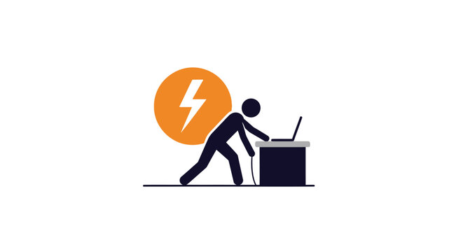 Energetic Person Working Hard on Laptop with Lightning Bolt Icon, Symbolizing Power and Productivity, on an isolated white background.