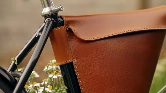 Leather bag no action observed, in outdoor grassy area with flowers, with leather bag, metal, flowers, with leather, metal texture, from a close-up shot from above perspective.