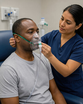 Patient Wearing Oxygen Mask in Clinic