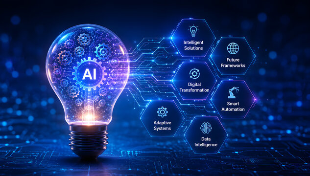 Artificial Intelligence Light Bulb with Digital Technology Network AI Automation Innovation Concept Background