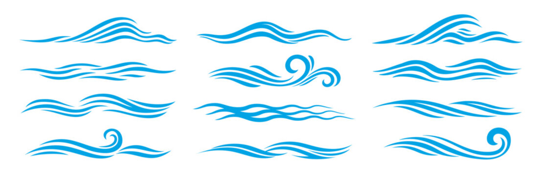 Blue sea and ocean wave icons of water surf splashes with ripple texture. Summer sea waves, ocean flood tides and river flows isolated silhouettes with wavy lines and curls shapes, marine nature
