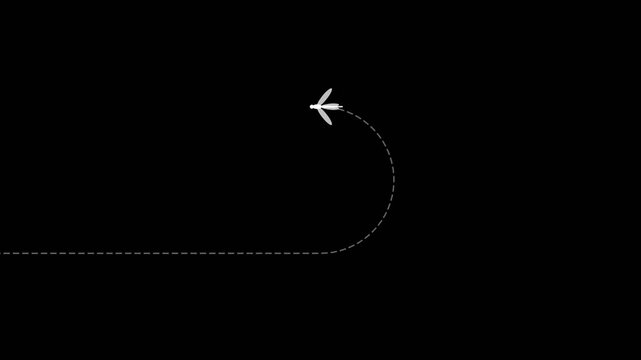 White airplane icon performing a loop-the-loop on a black background.