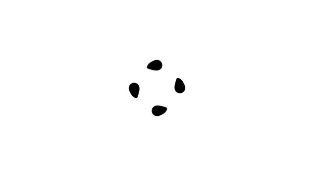 Minimalist animation of four black shapes rotating on a white background.