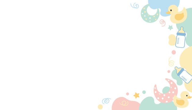 Decorated border for a baby shower features cute yellow ducks, baby bottles, stars, and colorful moons on a clean white background for invitations.