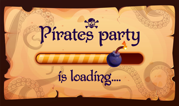 Pirate party countdown loading bar on aged treasure map parchment with octopus tentacles drawing. Cartoon striped progress bar loader and flaming bomb for adventure game screen, event celebration