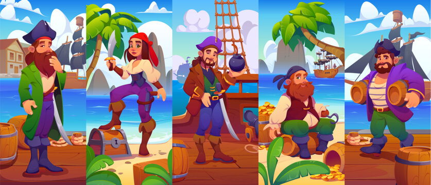 Cartoon pirate characters collage featuring captain, female pirate with cutlass, cannoneer with bomb and crewmates with barrels and treasure. Brave corsairs on ship and at port pierce for mobile games