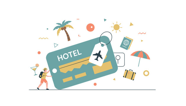 Person pushing a giant hotel key card with tropical vacation icons like a palm tree and luggage floating in the background.