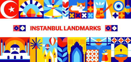 Turkey Istanbul travel landmarks banner with geometric mosaic pattern ornament. Turkish mosque with domes and minaret, Bosphorus bridge, tulip motifs, hot air balloons, cat, traditional coffee cezve © Vector Tradition