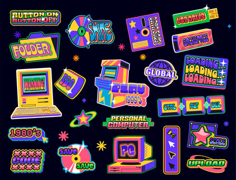 Retro pc y2k groovy stickers, vintage computer patch labels. Vector retro desktop computer, arcade game machine, flash drive, disc and keyboard buttons y2k stickers set with groovy star, globe, cursor
