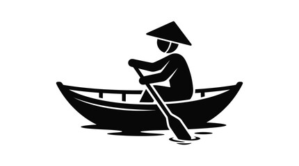 Silhouette of a boat with rower in conical hat black and white © Kaium