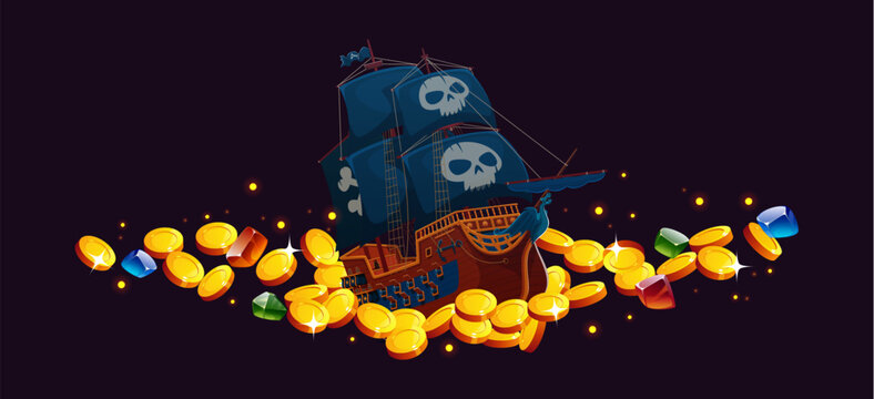 Pirate ship and treasures with golden coins and gemstones. Cartoon wooden pirate ship with black sails. Vibrant brigantine sailing through sea of sparkling golden coins and gemstones for game design
