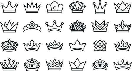 Royal crown and luxury tiara outline icons vector set. © Peru