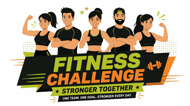 Fitness challenge poster with diverse athletic team.