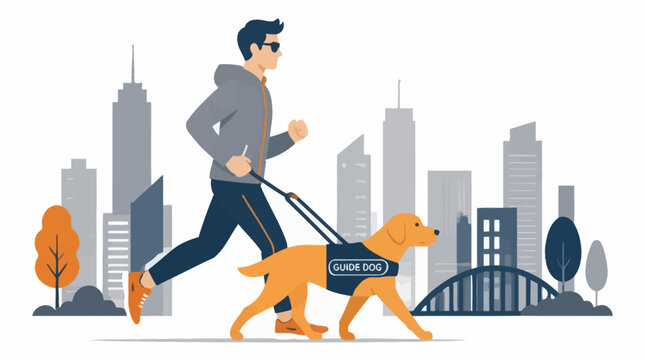 Blind man running with guide dog in city