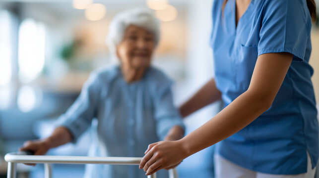 Faceless young caregiver assisting an elderly woman with a walking frame in a bright living room, warm and supportive interaction, defocused bright home interior in background,