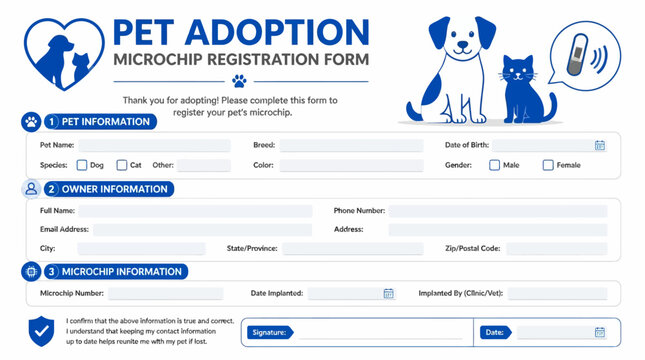 Digital pet adoption and microchip registration form template.
