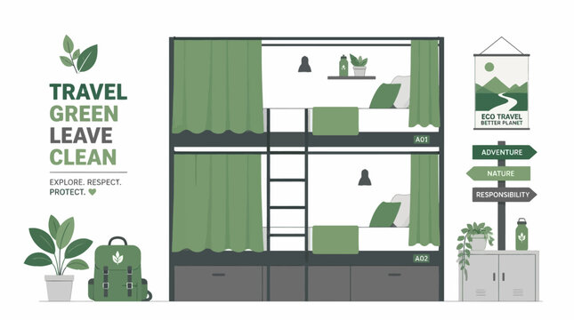 Sustainable eco hostel dormitory with bunk beds and plants
