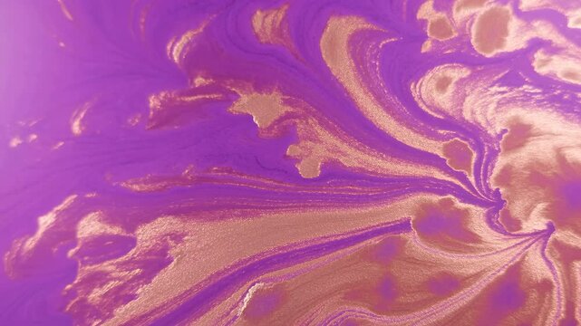 abstract fluid patterns in a mystical and serene space with a top-down perspective, featuring liquid-like substances with reflective properties in purple and gold tones.