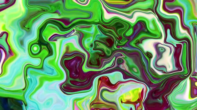 Abstract fluid liquid background with swirling patterns of green, purple, and light blue colors. Acrylic ink mix creating marble effects, wavy lines, and organic mixed shapes. Full frame background gr