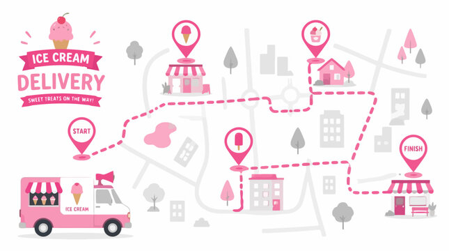 Ice cream delivery map with pink truck and pins.