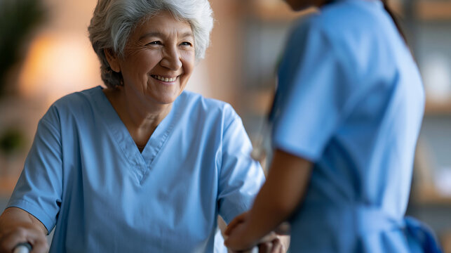 Faceless caring female doctor supporting a smiling senior woman with a walking frame at home, gentle professional assistance visible, defocused home interior in background, home