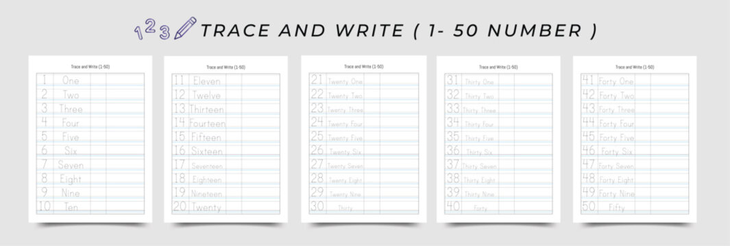 Educational worksheet for children featuring 1 to 50 number tracing and writing practice exercises from one to fifty, learning
