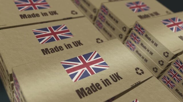 Made in UK box production line. GB export import Cardboard pack factory. Abstract concept 3d loopable seamless animation.