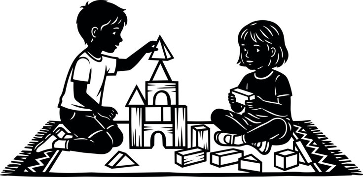 Children playing with wooden building blocks on a patterned rug