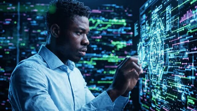 Analyzing complex data on futuristic digital interface, cyber security analyst working with advanced holographic tech and analytics