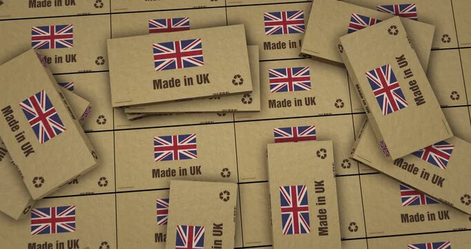 Made in UK box production line. GB export import Cardboard pack factory. Abstract background concept 3d animation.