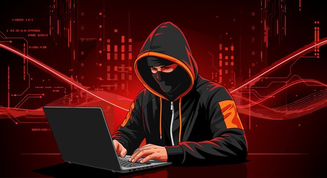 Cyber Security Hacker Concept Vector Illustration Design Background Featuring A Masked Individual Operating A Computer In A Digital Space